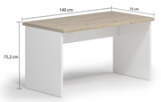 Moderner Wangenschreibtisch mit Holzplatte und weißen Seitenwangen, Abmessungen 140 cm x 75 cm x 75,2 cm, seitliche Perspektive.