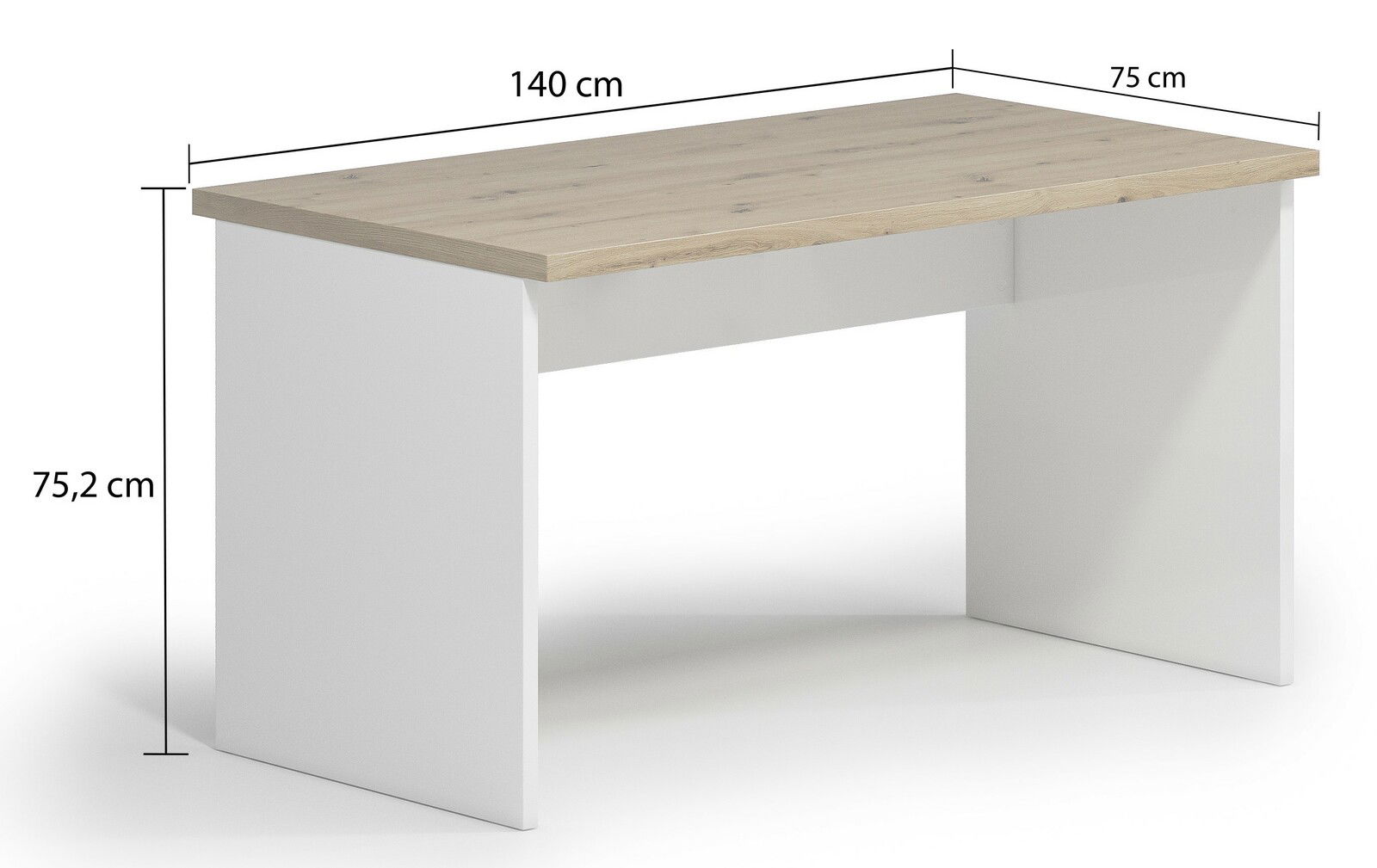Moderner Wangenschreibtisch mit Holzplatte und weißen Seitenwangen, Abmessungen 140 cm x 75 cm x 75,2 cm, seitliche Perspektive.