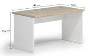 Moderner Wangenschreibtisch mit Holzplatte und weißen Seitenwangen, Abmessungen 140 cm x 75 cm x 75,2 cm, seitliche Perspektive.