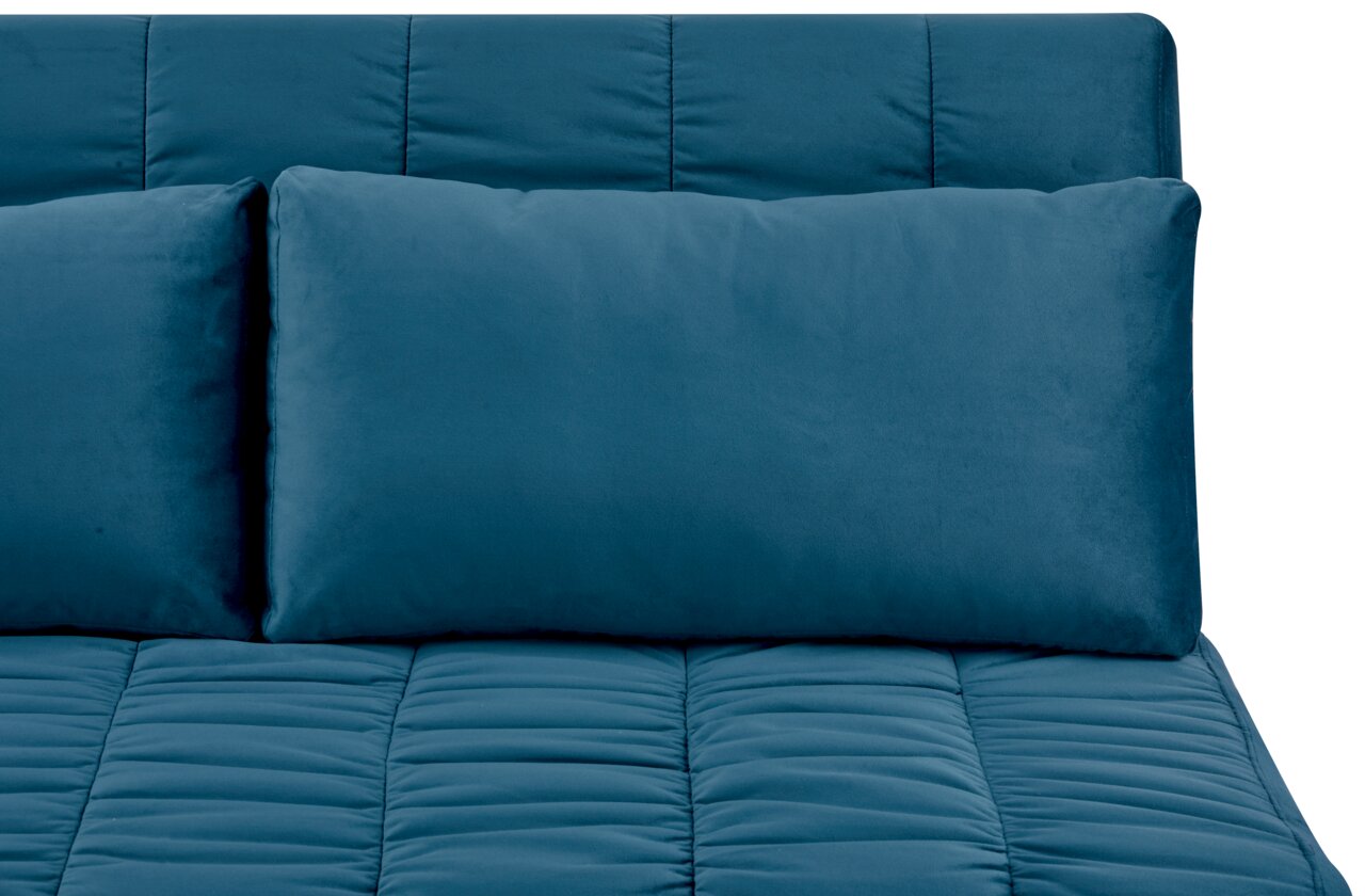 Nahaufnahme eines blauen Funktionssofas mit Kissen, Vorderansicht