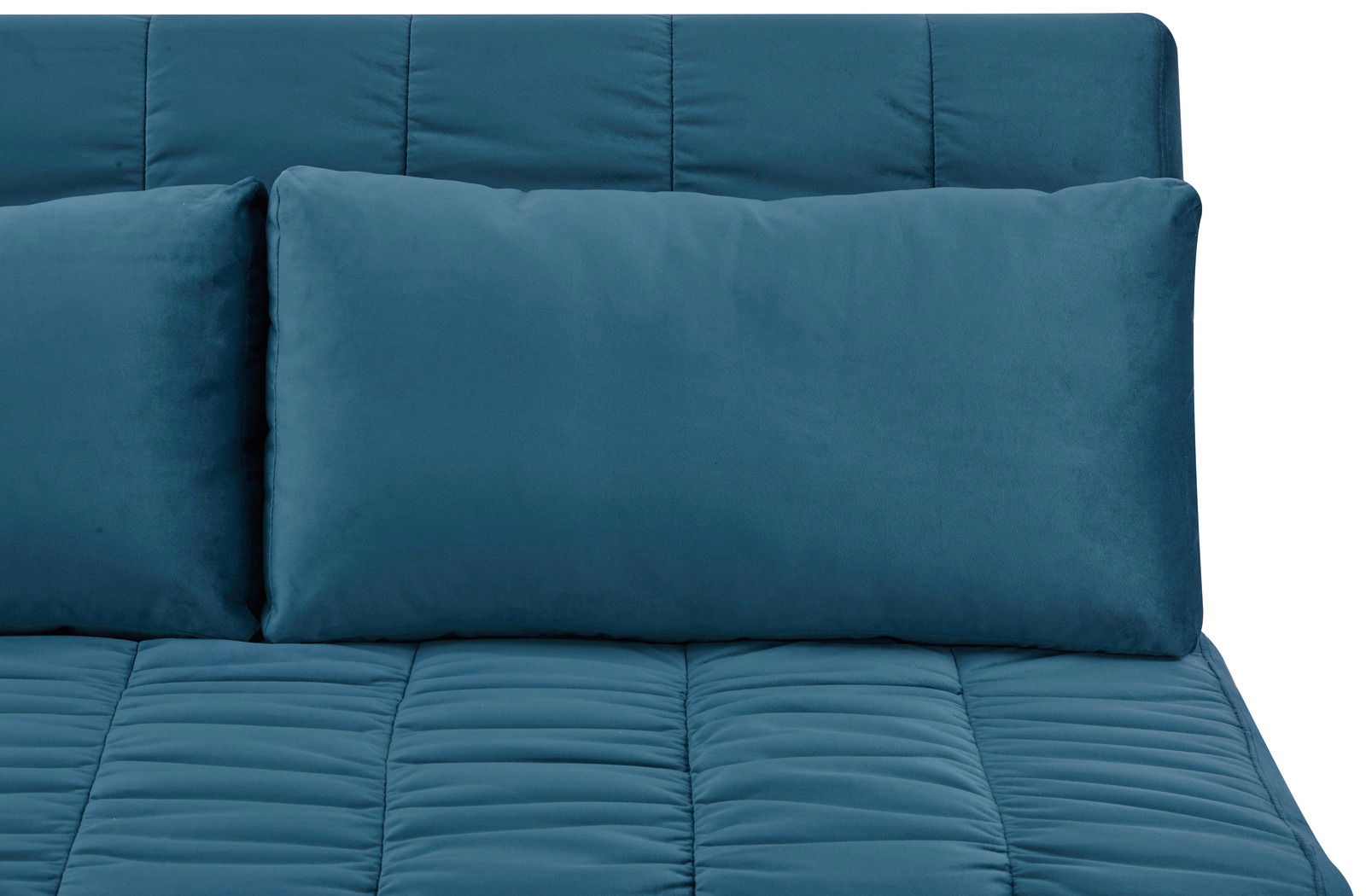 Nahaufnahme eines blauen Funktionssofas mit Kissen, Vorderansicht