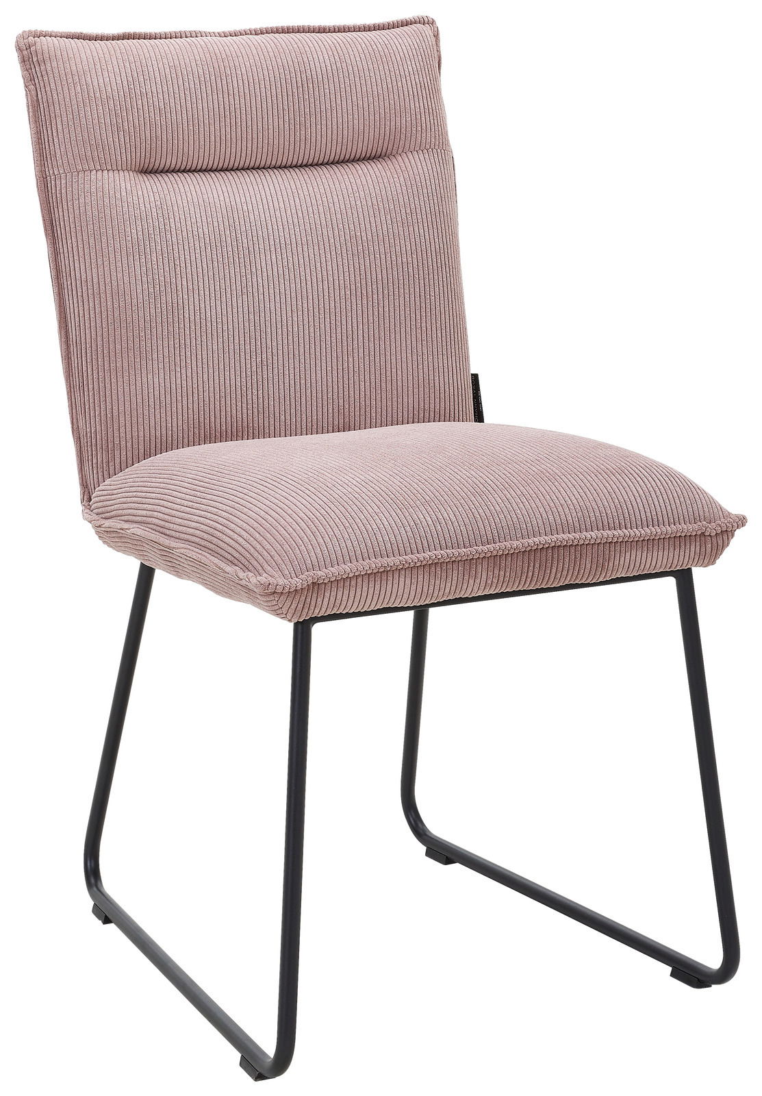 Moderner Stuhl mit rosa Cordbezug und schwarzem Metallgestell, seitliche Perspektive