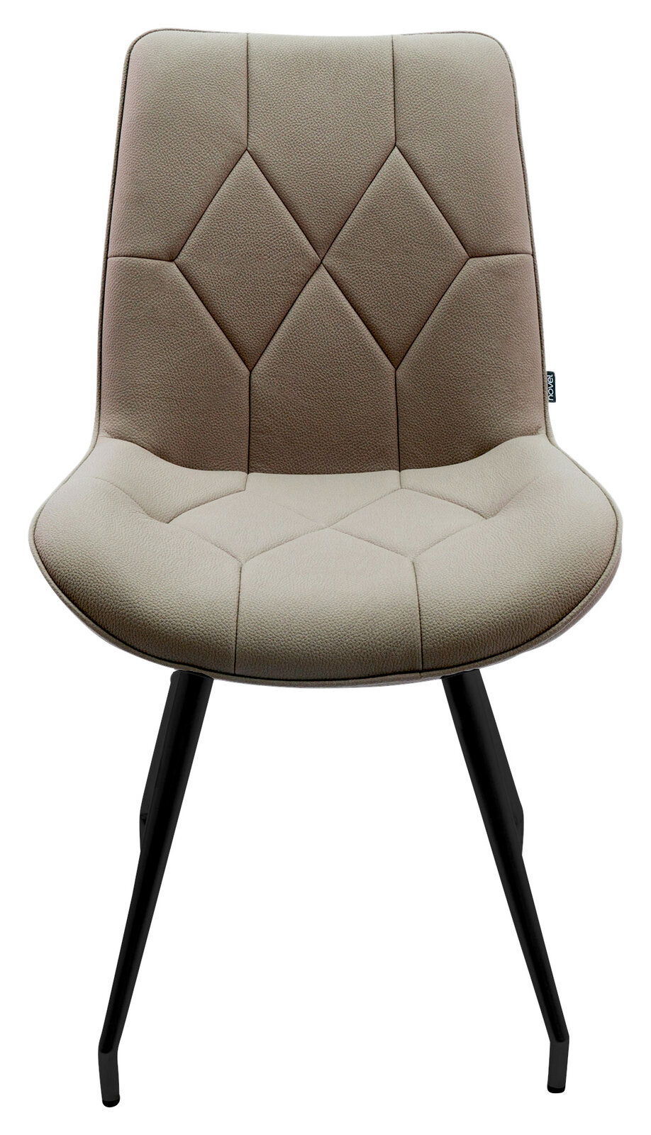 Moderner Stuhl mit gepolsterter Sitzfläche und Rückenlehne in Beige, schwarze Metallbeine, Frontalansicht.