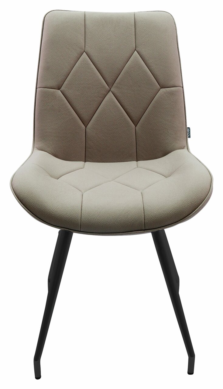 Moderne stoel met beklede zitting en rugleuning in beige, zwarte metalen poten, vooraanzicht.
