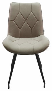 Moderner Stuhl mit gepolsterter Sitzfläche und Rückenlehne in Beige, schwarze Metallbeine, Frontalansicht.
