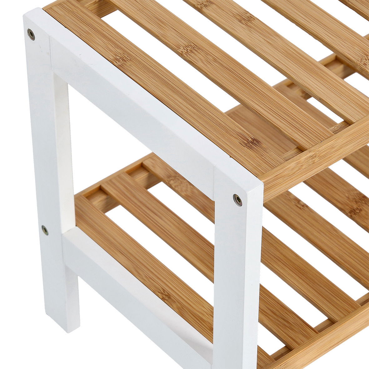 Schuhregal mit zwei Ablagen aus Holz und weißem Rahmen, seitliche Perspektive