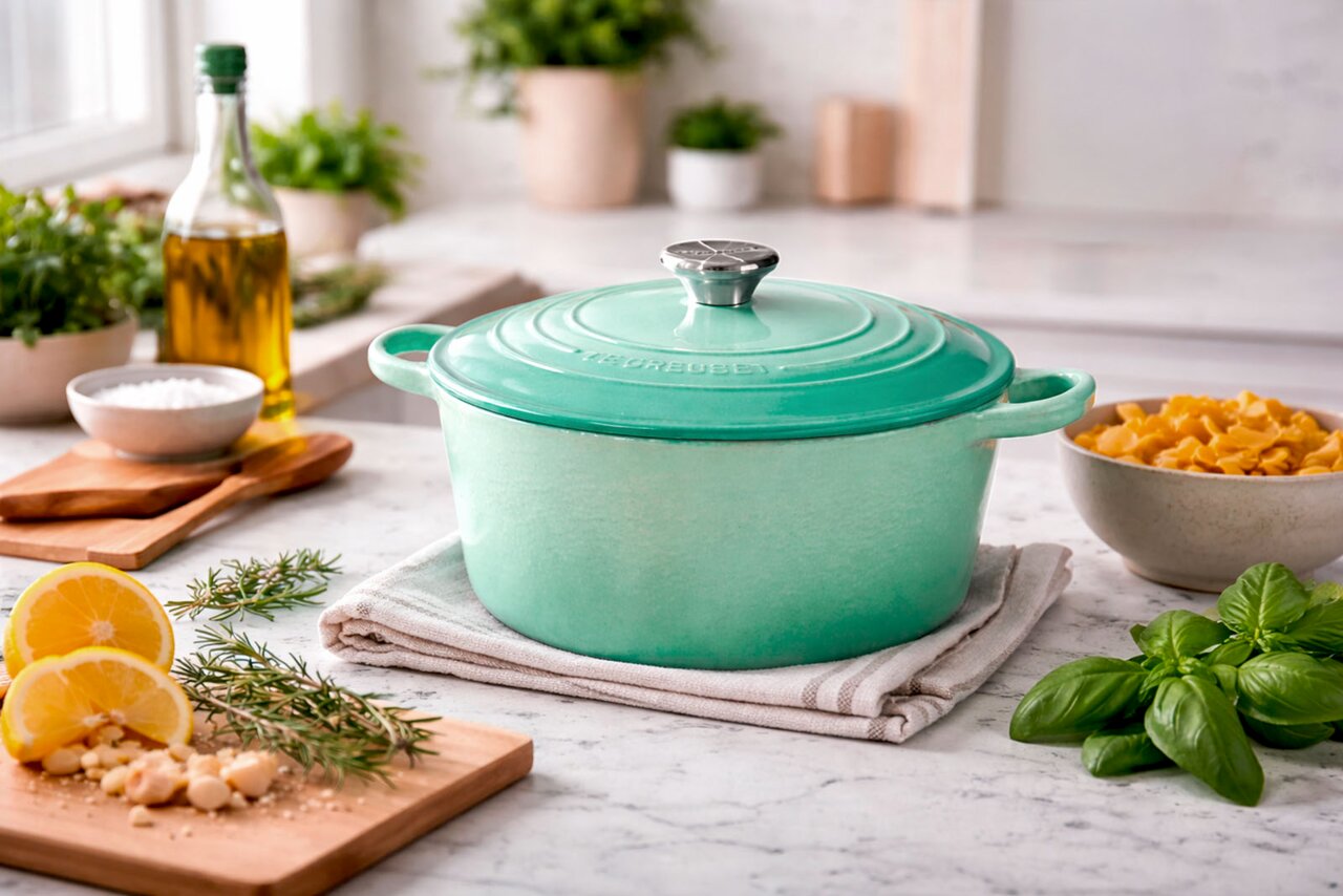 LE CREUSET Braadpan 29 cm, ovaal SAGE Een turquoise gietijzeren braadpan met deksel en roestvrijstalen knop op het aanrecht, licht van voren geframed, omringd door kruiden, citroen en ingrediënten.