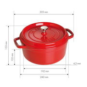 Roter runder Bräter Cocotte 24cm mit Deckel, seitliche Perspektive, Maße angegeben.