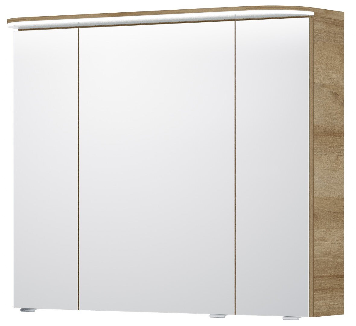 Moderner Spiegelschrank mit drei Türen und Holzrahmen, frontale Ansicht