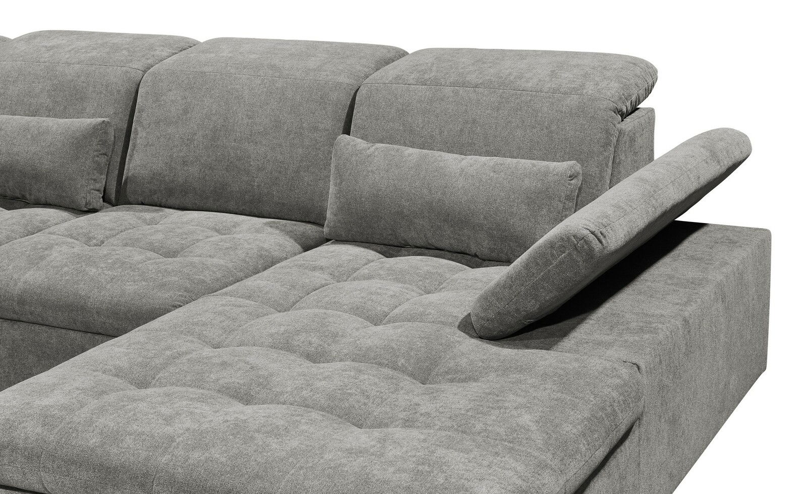 Graues Ecksofa mit verstellbarer Rückenlehne und Kissen, seitliche Perspektive