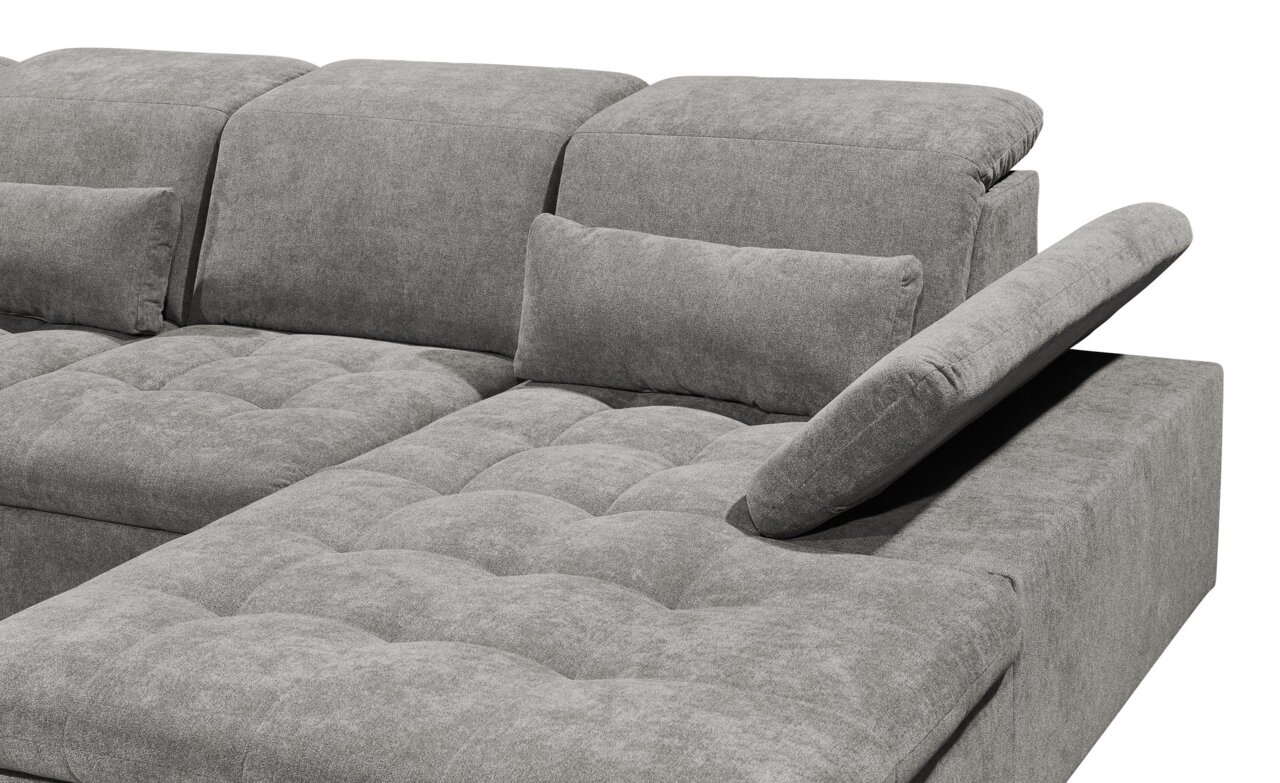 Graues Ecksofa mit verstellbarer Rückenlehne und Kissen, seitliche Perspektive