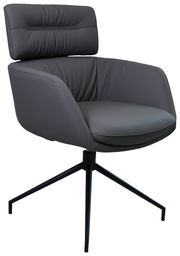 Moderner grauer Armlehnstuhl mit gepolsterter Rückenlehne und schwarzem Metallgestell, seitliche Perspektive