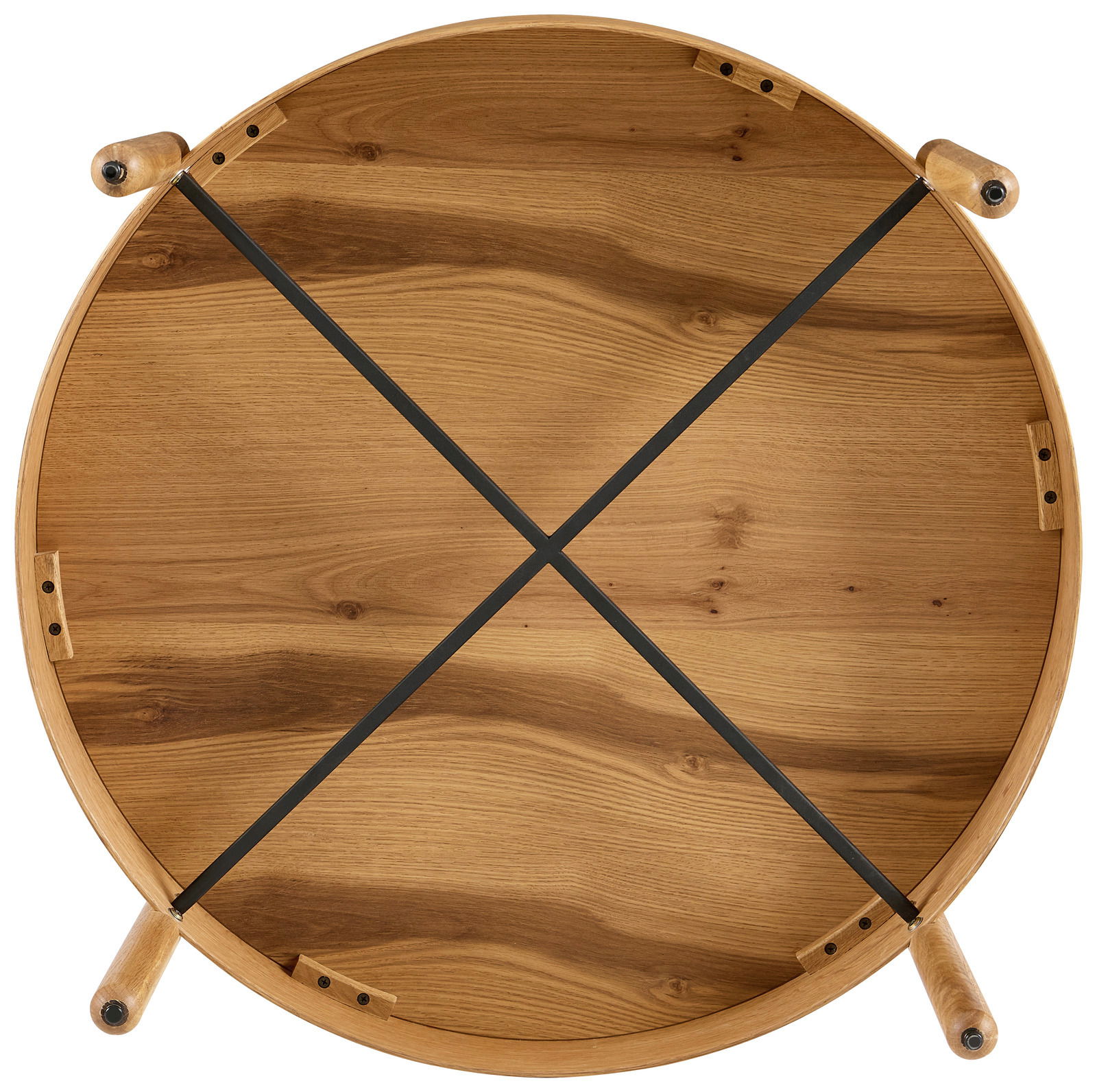 Runder Couchtisch aus Holz mit schwarzem Kreuzgestell, Ansicht von unten