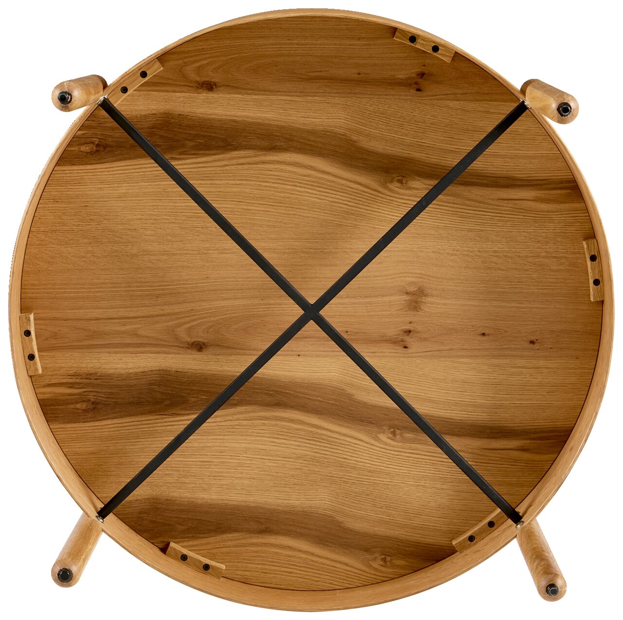 Runder Couchtisch aus Holz mit schwarzem Kreuzgestell, Ansicht von unten
