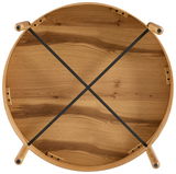 Runder Couchtisch aus Holz mit schwarzem Kreuzgestell, Ansicht von unten