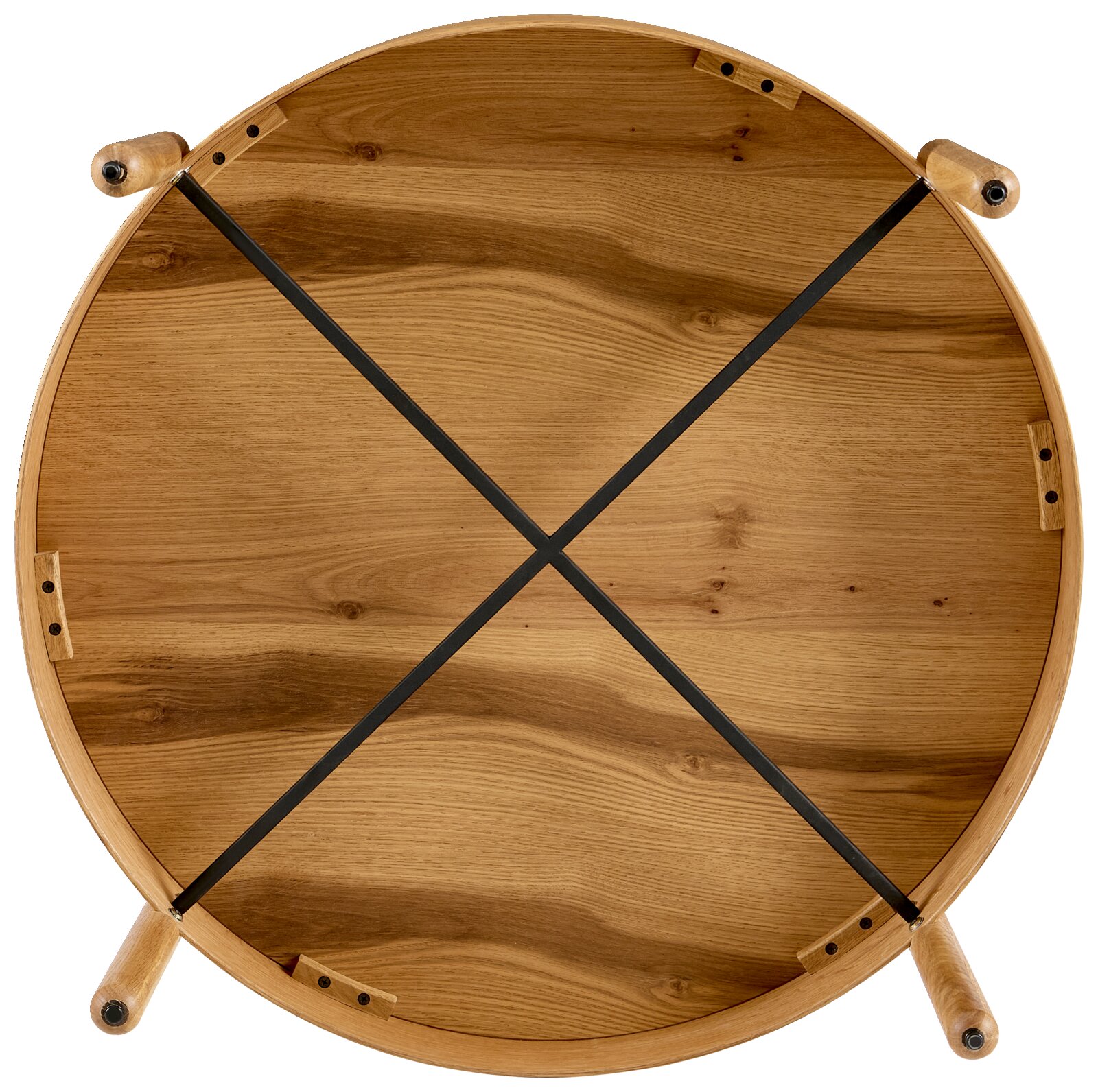 Ronde houten salontafel met zwart kruisonderstel, gezien van onderaf