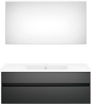 Moderne Badkombination mit großem Spiegel und grauem Waschtisch, Frontalansicht