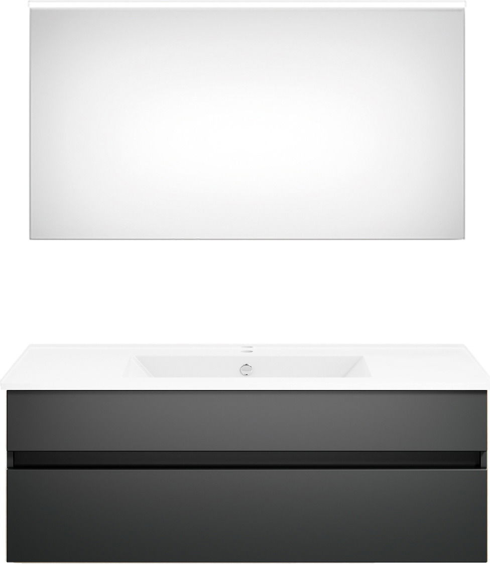 Moderne Badkombination mit großem Spiegel und grauem Waschtisch, Frontalansicht