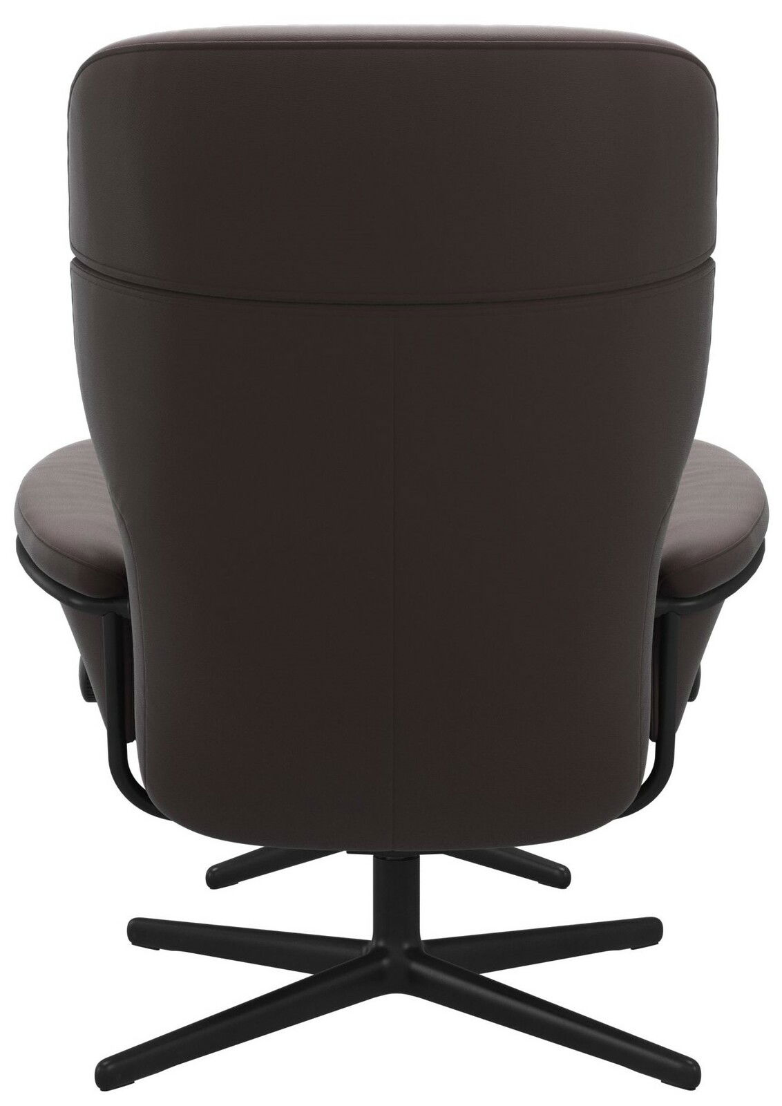 Rückansicht eines braunen Einzelsessels mit Kopfstütze und schwarzem Drehfuß