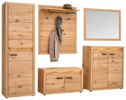 Garderoben-Set 5-tlg. aus Holz in natürlicher Optik, bestehend aus einem hohen Schrank, einer Wandgarderobe mit Haken und Ablage, einem Spiegel und zwei Kommoden, frontal abgebildet.