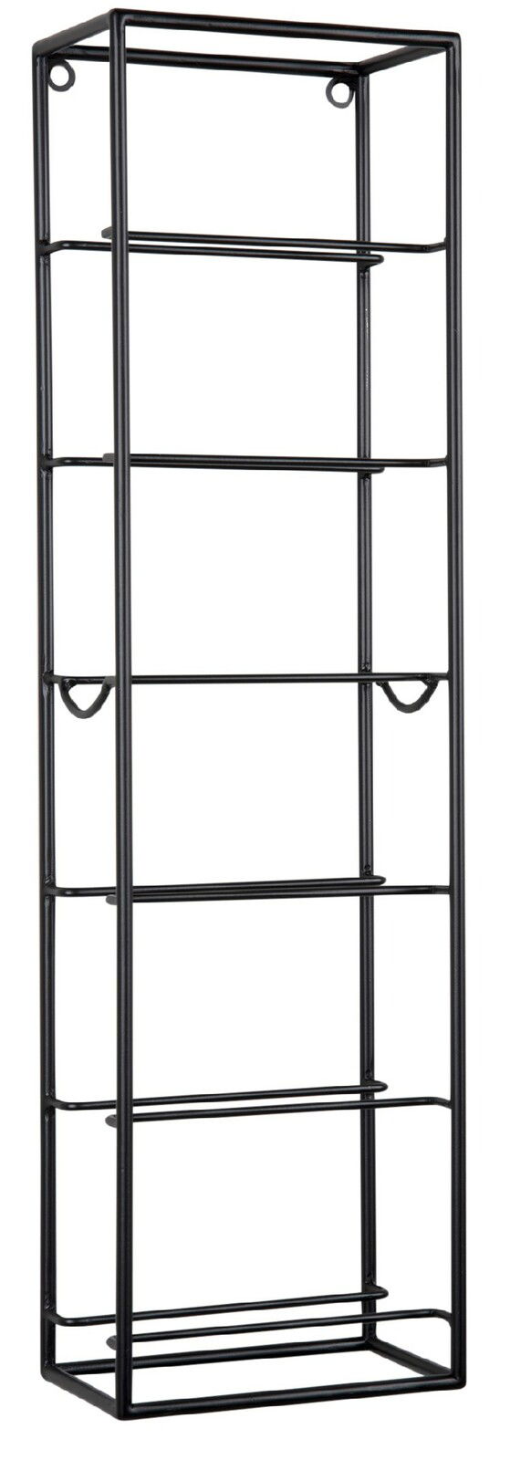 Schwarzes, vertikales Weinregal aus Metall mit mehreren Ebenen, frontale Ansicht.