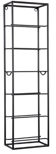 Schwarzes, vertikales Weinregal aus Metall mit mehreren Ebenen, frontale Ansicht.
