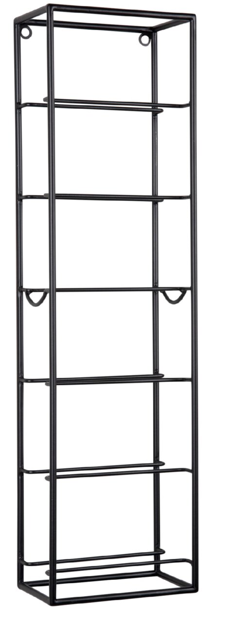 Schwarzes, vertikales Weinregal aus Metall mit mehreren Ebenen, frontale Ansicht.