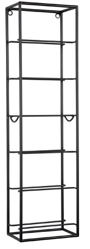 Schwarzes, vertikales Weinregal aus Metall mit mehreren Ebenen, frontale Ansicht.
