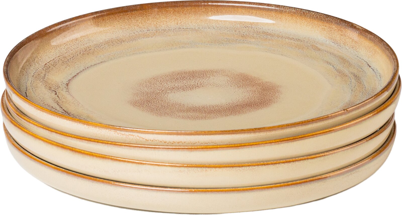 Stapel aus vier runden Keramik-Speisetellern in Beige mit braunem Sprenkel- und Ringdekor sowie braunem Rand, seitliche Ansicht in leichter Aufsicht vor weißem Hintergrund