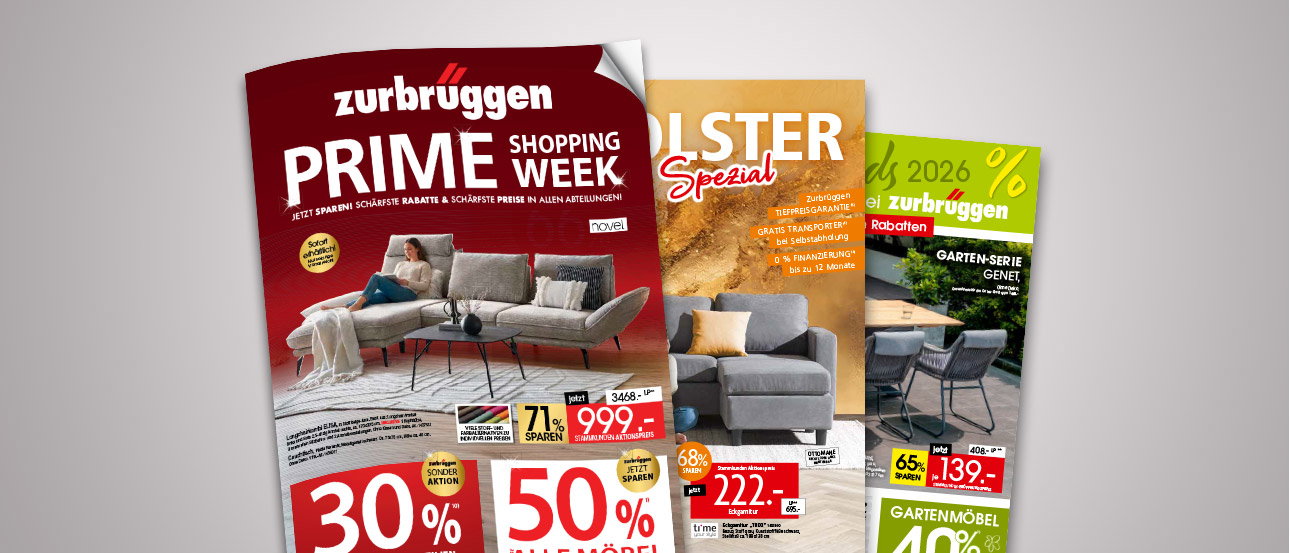 Drei Zurbrüggen-Prospekte mit Angeboten für Möbel und Gartenmöbel vor grauem Hintergrund.