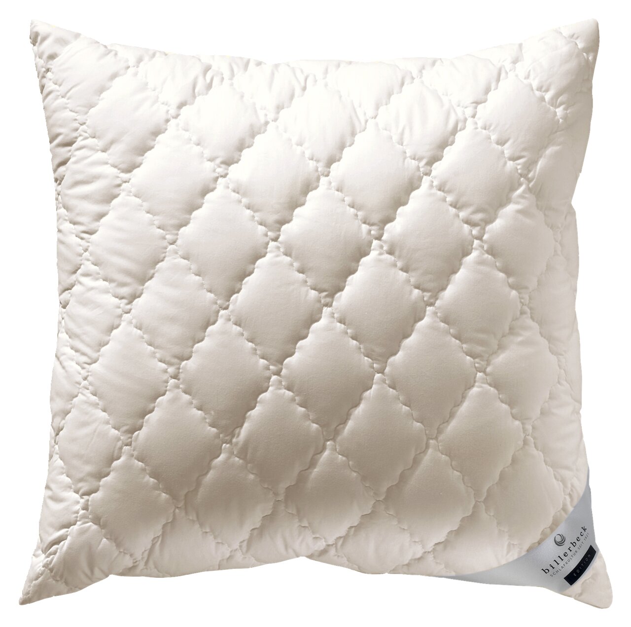 Weißes, gestepptes Kopfkissen in Nahaufnahme, frontal betrachtet.