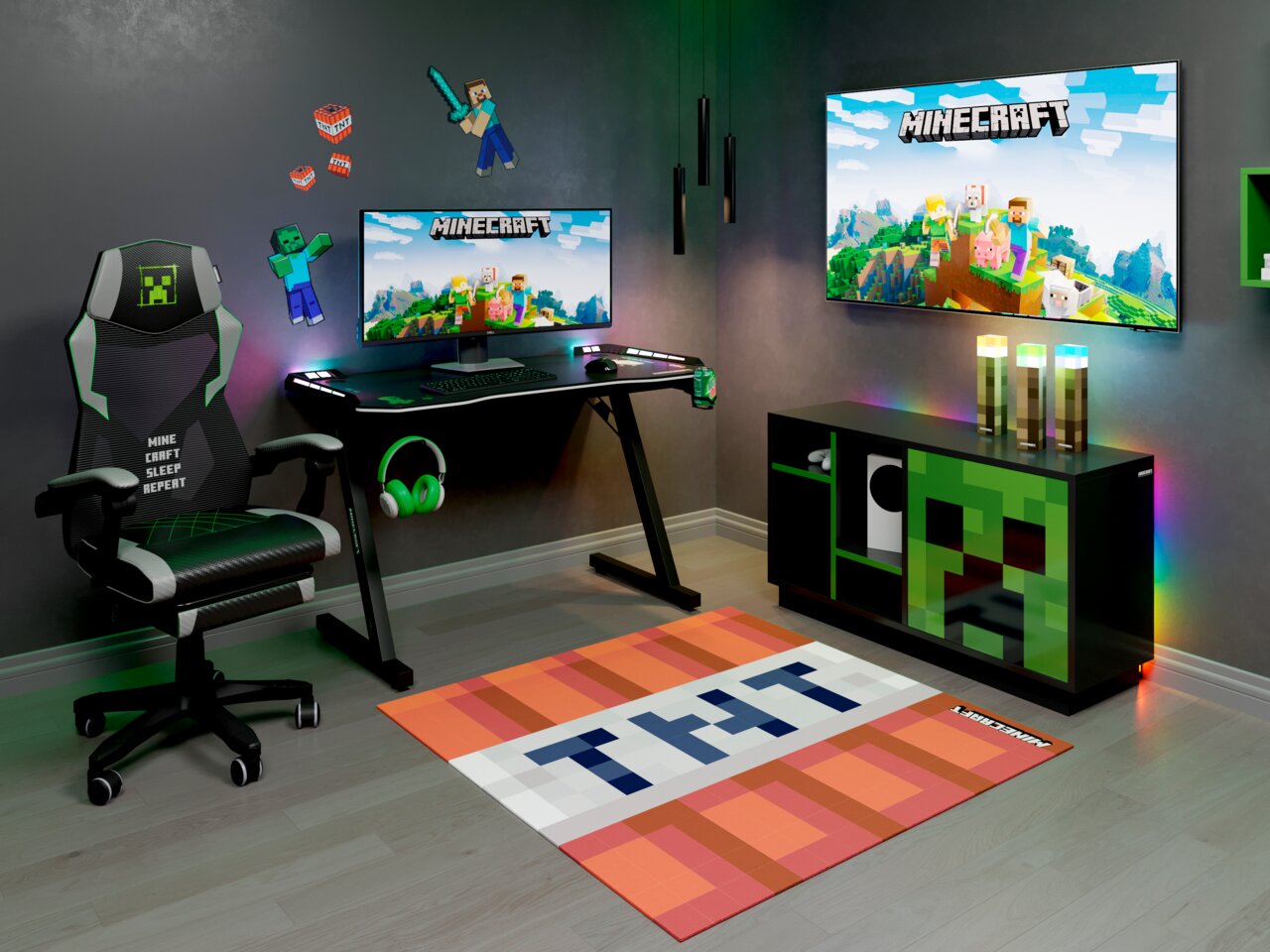 Minecraft-gamekamer met een zwart bureau, monitor, gamestoel, wanddecoratie en een TNT-tapijt op een grijze vloer; perspectief: groothoekopname vanuit een iets verhoogd, schuin vooraanzicht.
