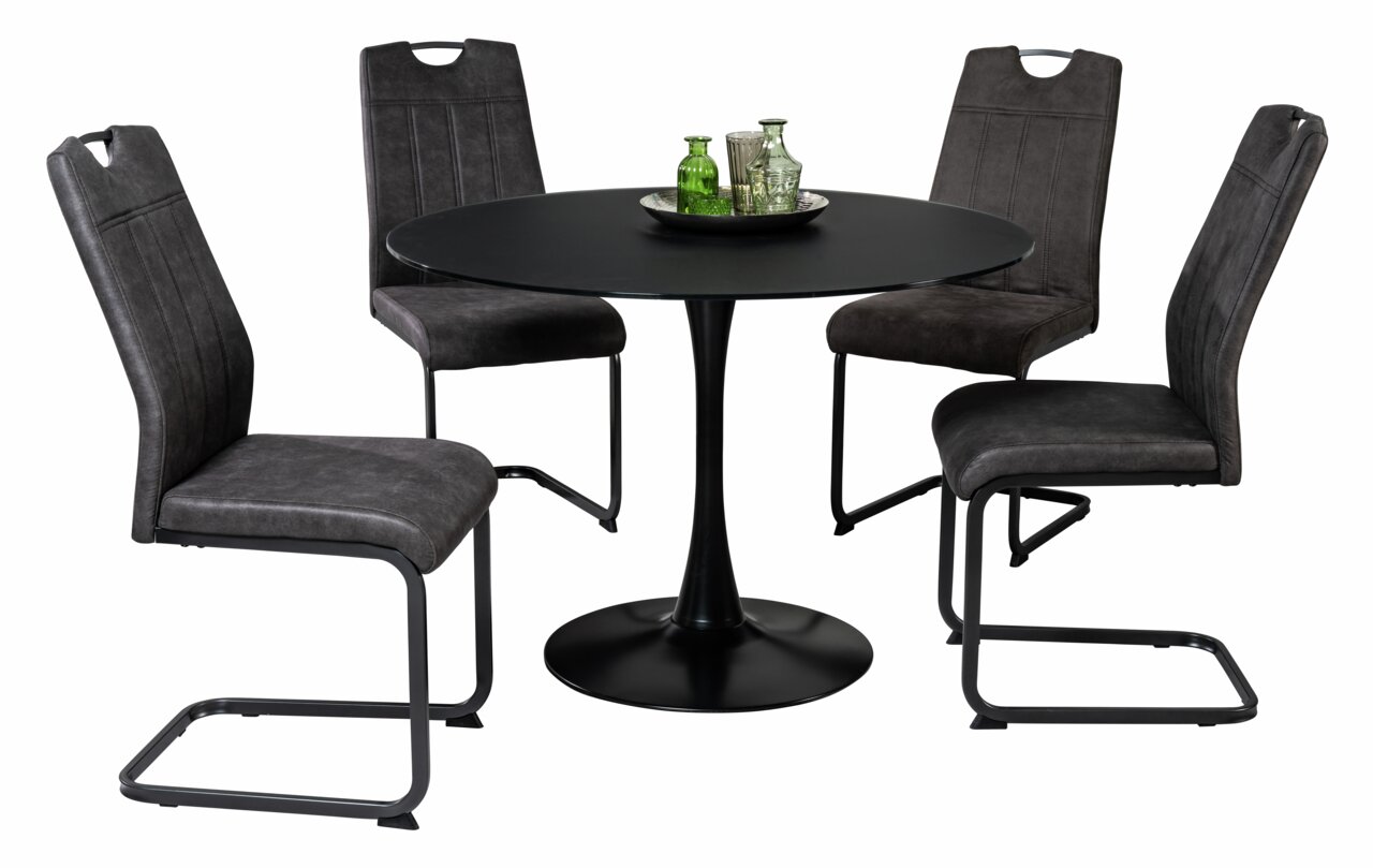 Vier schommelstoelen met donkere bekleding rond een ronde, zwarte tafel, zijaanzicht