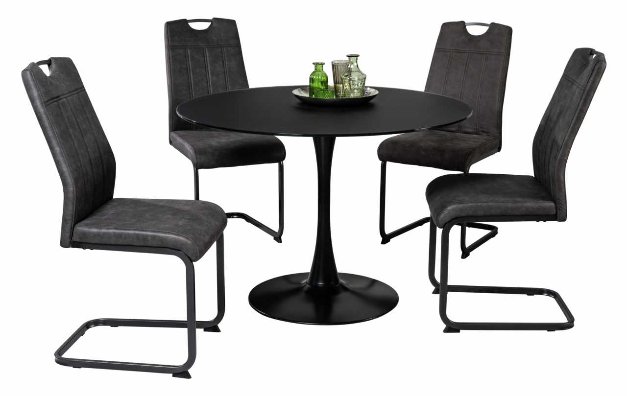 Vier Schwingstühle in dunklem Stoff um einen runden, schwarzen Tisch, seitliche Perspektive