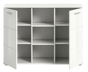 Weiße Kommode mit offenen Türen und neun Fächern, Frontalansicht