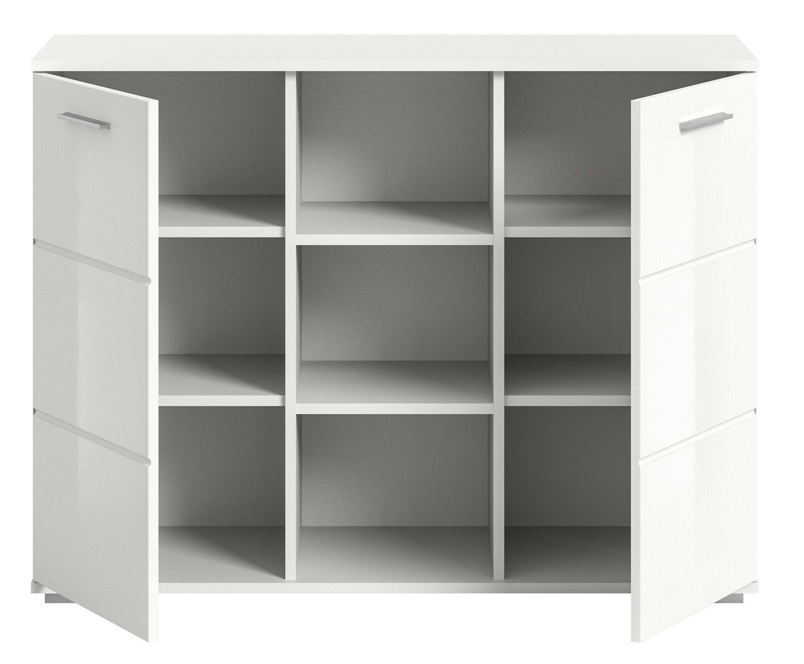 Weiße Kommode mit offenen Türen und neun Fächern, Frontalansicht