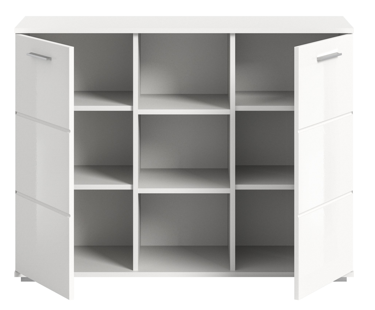 Weiße Kommode mit offenen Türen und neun Fächern, Frontalansicht