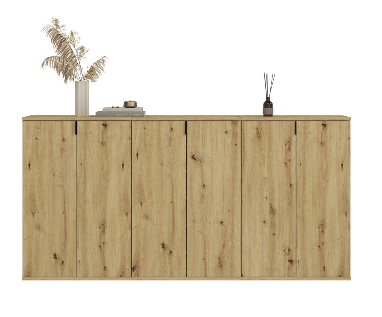 Frontale Ansicht einer Garderobenkombination aus hellem Holz mit fünf Türen, dekoriert mit einer Vase mit getrockneten Pflanzen und einem Duftstäbchenhalter.