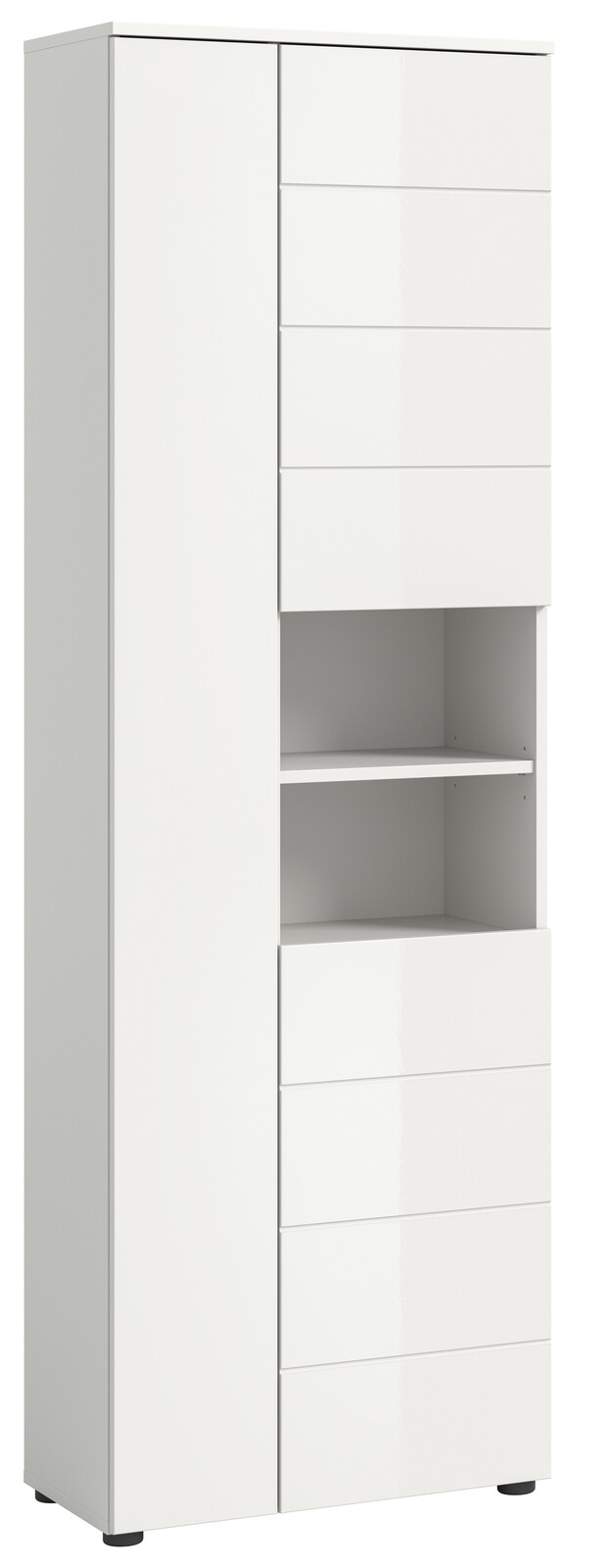 Weißer Hochschrank mit mehreren Schubladen und offenen Regalfächern, seitliche Perspektive