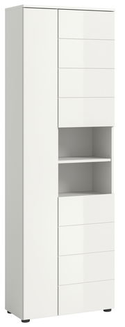 Weißer Hochschrank mit mehreren Schubladen und offenen Regalfächern, seitliche Perspektive