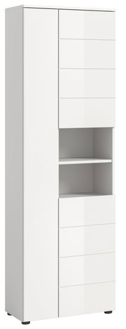 Weißer Hochschrank mit mehreren Schubladen und offenen Regalfächern, seitliche Perspektive