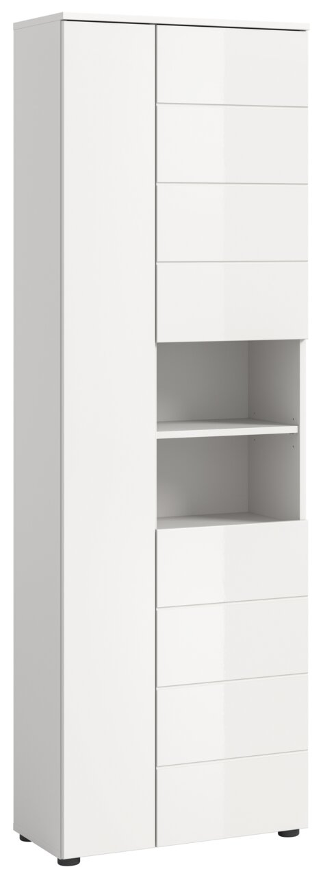 Weißer Hochschrank mit mehreren Schubladen und offenen Regalfächern, seitliche Perspektive