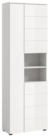 Weißer Hochschrank mit mehreren Schubladen und offenen Regalfächern, seitliche Perspektive