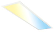 Rechteckiges LED-Panel in weißem Rahmen mit Farbtemperaturverlauf von warmweiß zu kaltweiß, freigestellt auf weißem Hintergrund, schräg aus der Vogelperspektive dargestellt