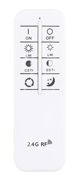 Fernbedienung für Deckenleuchte, weiße Farbe, Vorderansicht mit Tasten für Ein/Aus, Helligkeit und Farbtemperatur, 2.4G RF Technologie