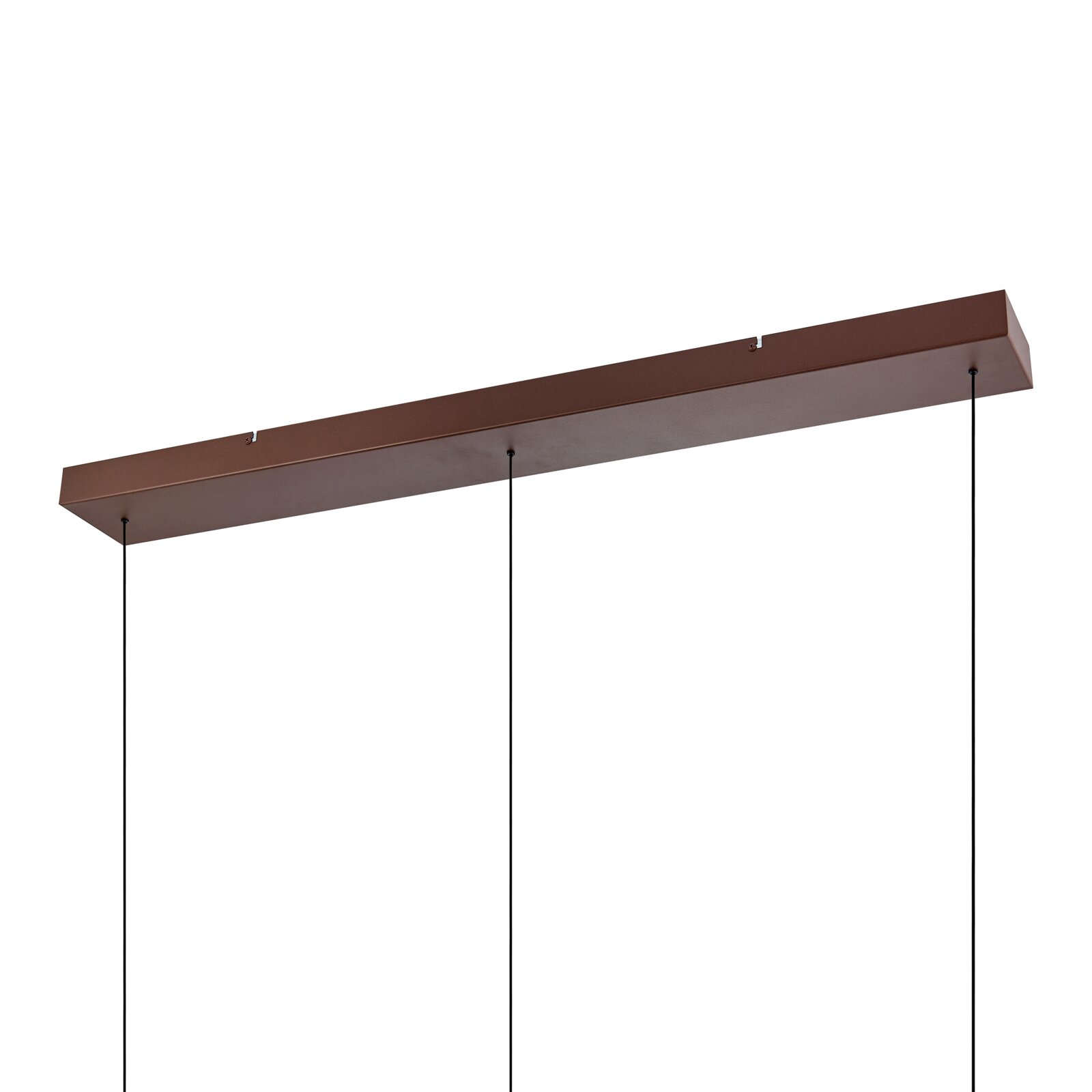 Lange, rechteckige Deckenbaldachin-Leiste in Kupfer/Bronze mit drei schwarzen Pendelkabeln, Produktansicht schräg von unten (Untersicht) vor weißem Hintergrund