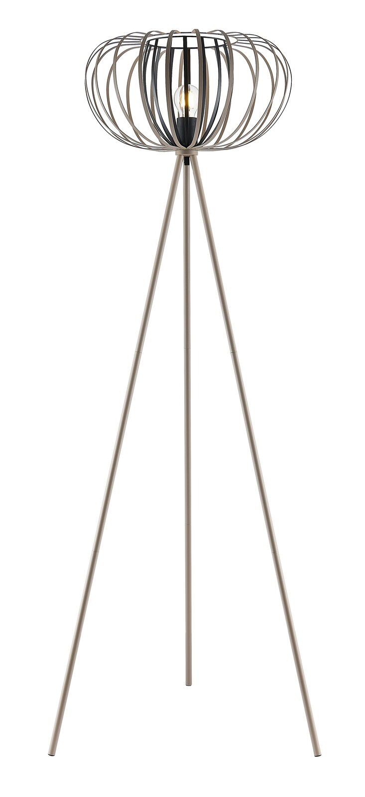Novel Stehleuchte Moderne Stehleuchte mit dreibeinigem Stativ und offenem, kugelförmigem Lampenschirm aus Metall, seitliche Perspektive.
