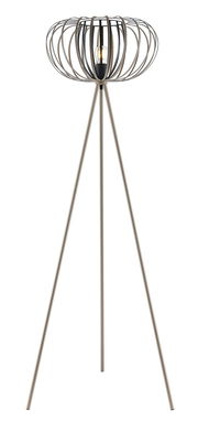 Moderne Stehleuchte mit dreibeinigem Stativ und offenem, kugelförmigem Lampenschirm aus Metall, seitliche Perspektive.