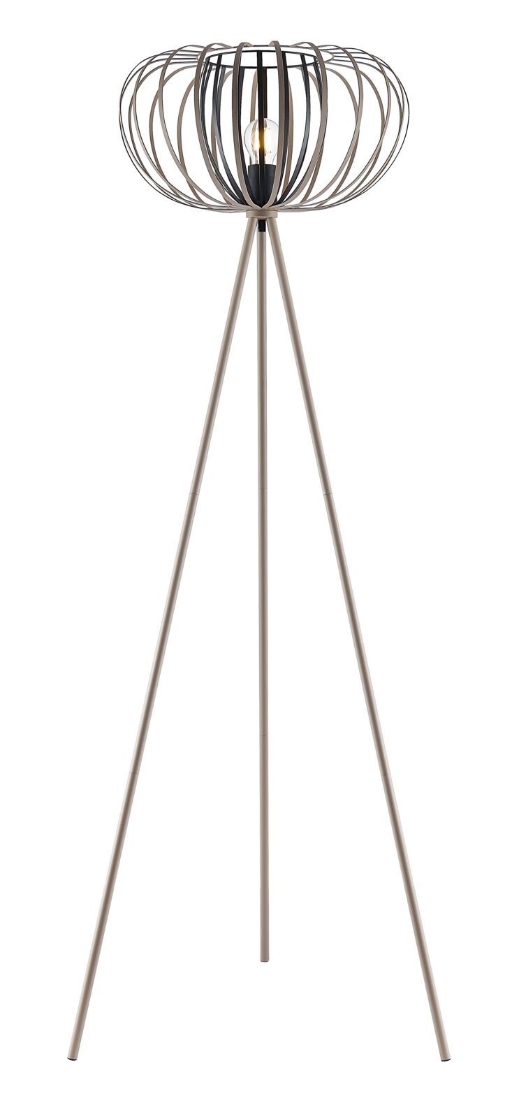Moderne staande lamp met een driepoot en een open, bolvormige lampenkap van metaal, gezien vanaf de zijkant.