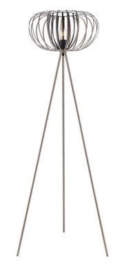 Moderne staande lamp met een driepoot en een open, bolvormige lampenkap van metaal, gezien vanaf de zijkant.